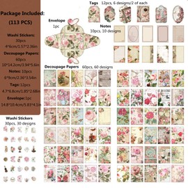 113 PCS Vintage Journaling Scrapbooking Supplies Ephemera Pack Scrapbook Sticker Paper Kit for Bullet Junk Journal Planners Collage Craft Notebooks Decoupage Album (Flowers and Butterflies)