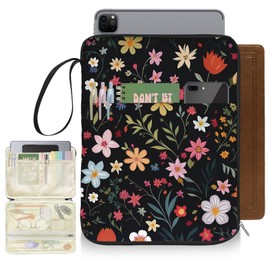 QRZIQRZ Book Sleeve for Book Lovers,Waterproof PU Leather Travel Book Carrying Case,Book Pouch with Zipper,12.6"x 9.4" Floral Print Cute Portable Book Protector Cover Bag for Hardcover Paperbacks Gift