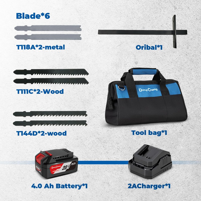 Dong Cheng 20V Brushless Jigsaw, 26mm Stroke, 800-3500 SPM, 0-45°