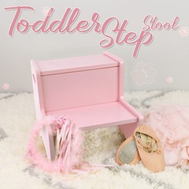 WOOD CITY Wooden Toddler Step Stool for Kids, Pink Two Step Children's Stool with Handles, Bonus Non-Slip Pads for Safety, Bathroom Potty Stool & Kitchen Step Stools Dual Height