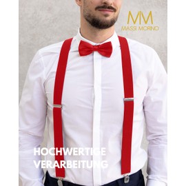 Massi Morino Braces with Bow Tie Set for Men and Women, Y-Shape Straps Elastic with Extra Strong Clips, 3.5 cm Wide, Adjustable Length, Pre-Tied Tie for Suit, red
