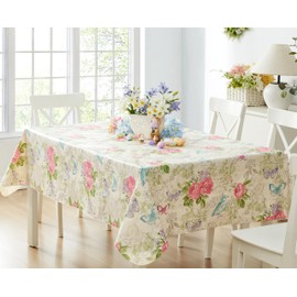 Newbridge Victoria Pastel Rose Floral 60 x 120 Inch Rectangle Vinyl Flannel Backed Tablecloth, Roses and Butterfly French Country Print Vinyl Tablecloth with Flannel Backing, Dining Party
