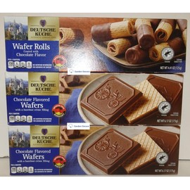 Deutsche Kuche 2 Chocolate Flavored Wafers & 1 Wafer Rolls Coated with Chocolate (Three Boxes)