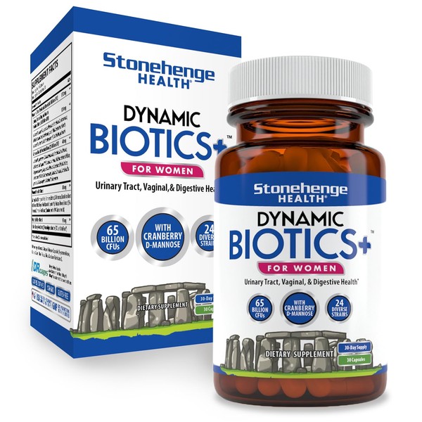 Stonehenge Health Probiotics 65 Billion CFU + 24 Strains, Prebiotic, Synbiotics Dynamic Biotics+ for Women, Cranberry, Urinary Tract & Vaginal Health Blend, Delayed Release, Shelf Stable, Non-GMO