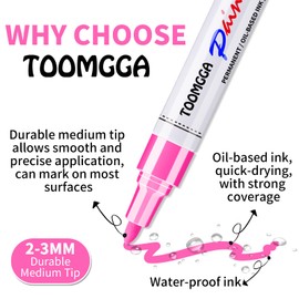 TOOMGGA Pink Permanent Paint Pens - 6 Pack Oil Based Paint Markers, Pens For Rock Painting Car Tyre Metal, Plastic, Canvas, Mugs, Wood, Glass, Quick Drying and Waterproof, Medium Point