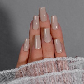 KQueenest Soft Gel Press on Nails Kurz Lang– Sheer Pastel Hellgrau Nägel zum Aufkleben Lang Mittel, Einfarbig Eckig Fake Nails mit Kleber, Taupe Sarg Künstliche Nägel Set für Frauen, 24 Stück