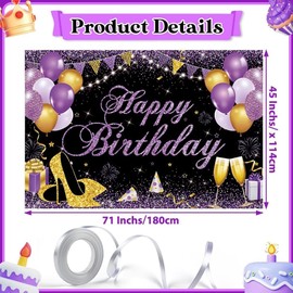 Purple Black Birthday Decorations for Women Girls Purple Birthday Party Banners Welcome Happy Birthday Background Sign for Birthday Theme Party Decorations Indoor Outdoor