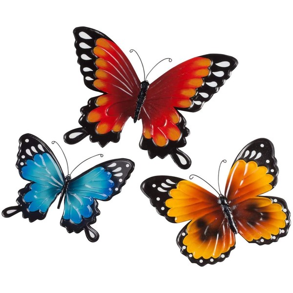 Fox Valley Traders Indoor/Outdoor Metal Butterflies, Set of 3 - Blue, Yellow, and Orange Butterflies with 7", 8", and 10" Diameters and Triangle Display Hook, One Size Fits All