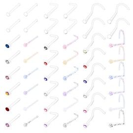 AceFun 14G-22G Piercing Retainers Set Acrylic Bioflex Stainless Steel Plastic Lip Nose Eyebrow Tongue Belly Button Ear Piercing Kit Clear Nose Ring Piercing Colourful CZ for Women Men, Acrylic, no metal