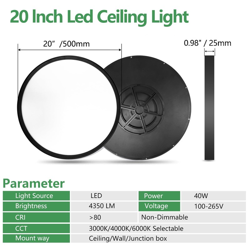 20 Inch Large LED Flush Mount Ceiling Light, 40W, 4350LM,
