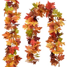 Fomlily 2 Pack Maple Leaf Fall Garland, 5.9 ft/Piece Hanging Vine Garland Artificial Autumn Foliage Garland Thanksgiving Decor for Door Thanksgiving Party Table Fall Fireplace (7 Multicolor)