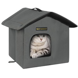 Rest-Eazzzy Cat House for Outdoor Cats, Weatherproof and Insulated Feral Cat House with Mat and Clip, Easy to Put Together, Selfwarming Cat Shelter for Winter(Grey, Waterproof House-S)