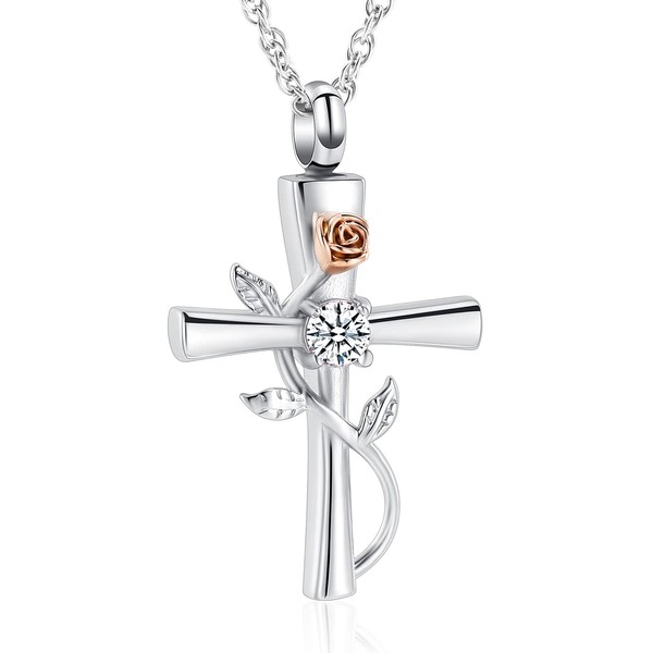 shajwo Cross Urn Necklace for Ashes Birthstone Rose Flower Cremation Jewelry for Women Gilrs Keepsake Memorial Ashes Pendant,White