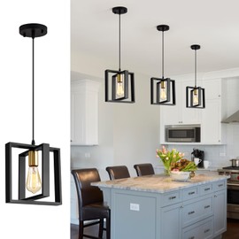 Farmhouse Small Pendant Light Fixture,Kitchen Island Hanging Lamp with Cord, Black+Gold Finish, Wood Frame Chandelier for Hallway Entryway Closet Bedroom,9.5 Inch,E26.
