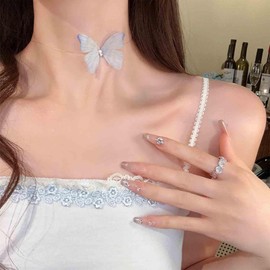 Ximdble Vintage Fabric Butterfly Choker Necklace Blue Butterfly Choker Necklace Crystal Mesh Butterfly Necklace Clear Transparent Chain Necklace Jewelry for Women （Blue）