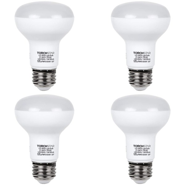 TORCHSTAR BR20 Dimmable LED Bulb, 7.5W (50W Eqv), 525 Lumens, 5000K Daylight, E26 Medium Base, Indoor R20 Flood Light, UL & Energy Star, Pack of 4