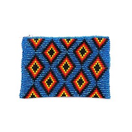 Native American Inspired Multi Diamond Pattern Czech Glass Seed Beaded Coin Purse Zipper Pouch - Womens Fashion Handmade Bags Tribal Accessories (Light Blue)