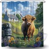 Farmhouse Cow Shower Curtain Brown Highland Cow Stone House Cattle
