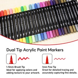 Recheel 30 Colors Acrylic Paint Markers, Dual Tip Fine and Brush Tips for Detailed Art, Crafting, Rock Painting, Wood, Glass, Ceramic, and More
