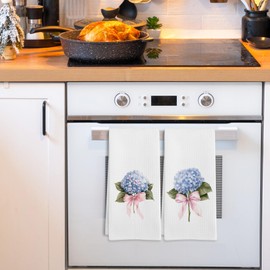 GWFSJYU Hydrangea Kitchen Towels Set of 2, Hydrangea Floral Dish Tea Towels for Kitchen, Hydrangea Bow Decorative Hand Towels for Dorm Girls Bathroom, Blue Hydrangea Decor, 16x24 Inch