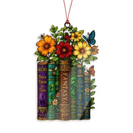 Book Ornament - Book Lover Gifts for Women - Bookish Gift - Gifts for Readers - Teacher, Librarian - Xmas Ornament for Tree - Suncatcher Effect Stained Glass Window Hanging - car Hanging Accessories