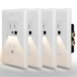ThunderWay Adjustable LED Night Light Outlet - Tamper Resistant (TR) Combination Receptacle - Easy to Install,15A 125V,Self Grounding, White Wall Plate Included (4 Pack)