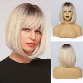 Short Blonde Wig with Bangs Blonde Bob Wigs for Women Ombre Blonde Wigs Natural Synthetic Hair Wigs for White Women Heat Resistant Daily Party Use 12 Inch