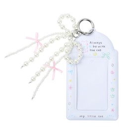 Photocard Holder - Keychain Card Holder, Bow and Pearl Kpop Photocards Holde, Photocard Holders Keychain, PVC Photo Card Holder with Transparent Window, ID Badge Holder with Keyring Student Bus Cards