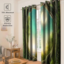 Jekeno Forest Blackout Curtains - 70% Blackout Window Drapes Trees in Enchanted Forest Full Moon Theme Print Curtain Decor Home Bedroom Living Room Grommet Window Drapes 2 Panel Set, 42" x 63"