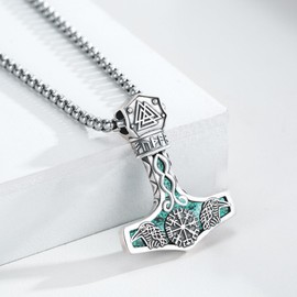 Twoowl Viking Mjolnir Necklace 925 Sterling Silver Thors Hammer Pendant Necklace Turquoise Necklace Norse Runes Amulet Jewelry Gifts for Women Men