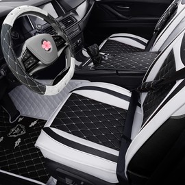 Leather Steering Wheel Cover, Breathable Anti-Slip Black White Universal Fit 14" 1/2-15" Car Wheel Protector for Women Girl Fit Suvs,Vans,Sedans,Car,Trucks (D Shaped White)