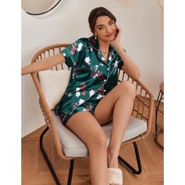 Ekouaer Silk Pajama Sets Women's Short Satin Pjs Button Up Notch Collar Sleepwear Breathable 2 Piece Nightwear Set,Floral Green,XX-Large