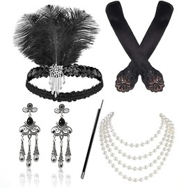 yuruyi 1920s Accessories Set for Women Flapper Costume – Lace & Mesh Vintage Gatsby Headband, Gloves (Style 10)