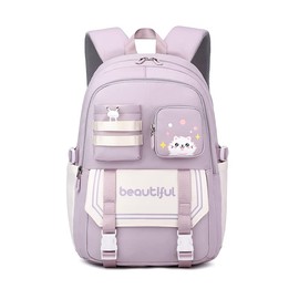 Cat Print Kids Backpack for Girls Bookbag for Elementary School Water Resistant School Bag Purple
