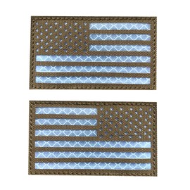 2x3.5 Reflective US USA American Flag Tactical Patches Hook-Fastener Backing (1 Left + 1 Right） (Brown-White)