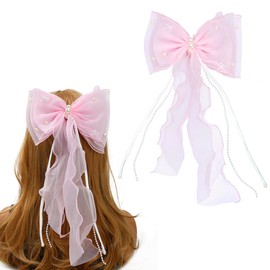 Umimiss Pink Bow - Large Pink Bow, Pink Tulle Bows for Hair, Pink Hair Accessories for Women, Bridal Shower Decorations, Pink Hair Clips for Wedding, Big Pink Bow Hair Clip, Bride Hair Accessories