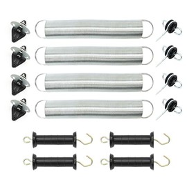 Electric Fence Spring Gate Handles Kit with Anchor Insulators and 3-Way Gate Anchor, Expands to 16 Feet Stainless Steel Tension Spring for Farms, Yards, Lawns, Gardens, Black (4)