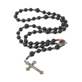 Nazareth Store Black Agate Beads Rosary Necklace Matte Natural Beaded Catholic Men Rosary with Hematite Stones Holy Soil Medal and Cross, Large, Gemstone, Agate