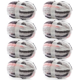 8 Pack Chunky Yarn for Hand Knitting - Chenille Blanket Yarn for Crocheting Blankets - 228 Yds/61.6 Oz Rainbow Ombre Yarns - Super Bulky Soft Thick Mixed Color Jumbo Yarns (8, Dark Grey-Pink-White)