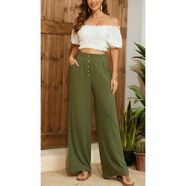 SVALIY Women Flowy Pants Cotton Linen Wide Leg Palazzo Pants Long Lounge Slacks High Waist Button Trousers Pocket Green Army M