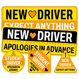 Student New Driver Sticker Pack 5 Pieces Vinyl Waterproof UV Printed Funny Yellow Color Stickers for Girl Men Women Gift Birthday Decals Sign for Cars Windows Bumper Bike