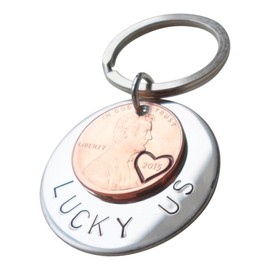 Steel Disc Keychain Layered With 2015 Penny With Engraved Heart Around Year and"Lucky Us" Engraved Steel Disc