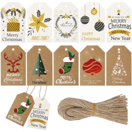 Christmas Kraft Paper Labels, Pack of 100 Gift Tags with 20 m String, 10 Different Designs for Christmas Decoration