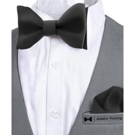 Adam Young Men's Black Self Tie Bow Tie with Pocket Square Formal Satin Classy Bowtie for Tuxedo Faux Silk (Classic, Black)