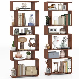 Giantex 6-Tier Geometric Bookshelf, S-Shaped Bookcase with 2 Anti-Tipping Kits, Wooden Display Shelf, Decorative Storage Shelving Unit, Home Storage Organizer for Office Living Room (2, Walnut)
