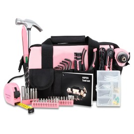 Auto Dynasty 44pcs Home Repair Tool Portable Kit with General Repair Claw Hammer, Precision Screwdriver, Pliers, Hex Key, Utility Knife Set, and Wide Mouth Opening Canvas Storage Bag, Pink