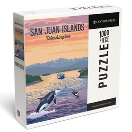 Lantern Press 1000 Piece Jigsaw Puzzle, San Juan Islands, Washington, Painterly, Orca and Ferry Sunset Scene