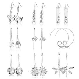 JeryWe 9 Pairs Boho Earrings Set for Women Girls Drop Hanging Earrings Flower Leaf Linear Long Fringe Ear Piercing Silver Gold, Alloy Steel