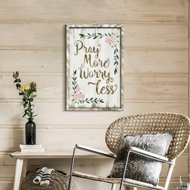 Bible Verses Decor Wall Art: Wooden Christian Quotes Framed Picture Farmhouse Religious Scripture Inspirational Artwork Pray More Worry Less Sayings Print for Home Bedroom Office