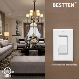 BESTTEN 100 Pack Single Pole Decorator Wall Light Switch with Wall Plate, 15A 120/277V, On/Off Rocker Paddle Interrupter for LED and Other Lamps, UL Listed, White